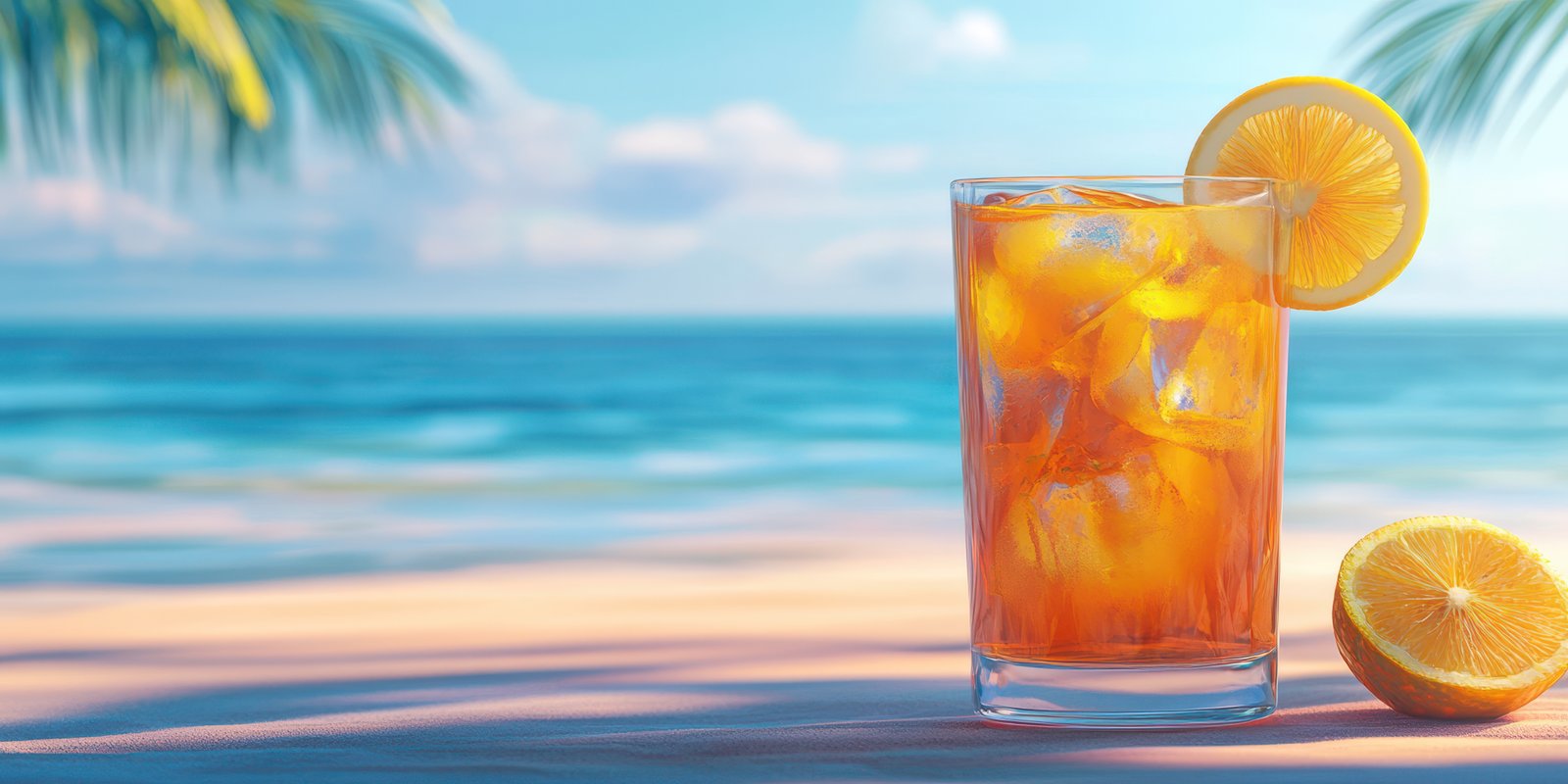 Refreshing iced tea with lemon slices on a tropical beach during a sunny day